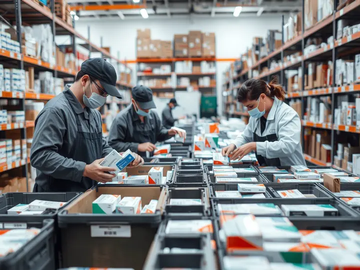 鹭燕仓库内工人按门店分拣药品