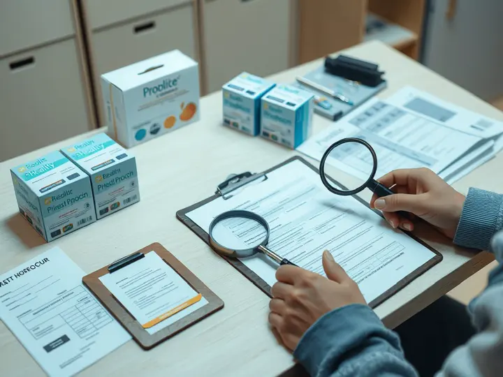 鹭燕健康产品质量检验场景，产品与质检文件整齐摆放