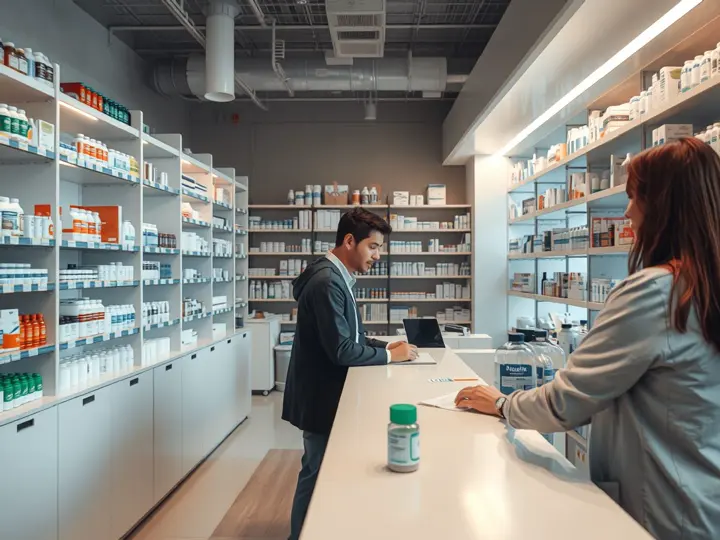 药店内景，药师与客户交流